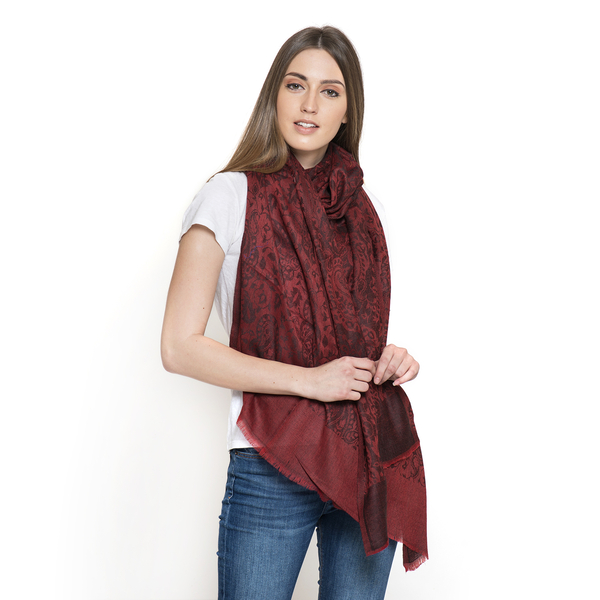 88% Merino Wool and 12% Silk Jacquard Weaving Maroon and Black Colour Shawl with Fringes at the Bott