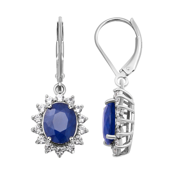 Kanchanaburi Blue Sapphire and Natural Cambodian Zircon Dangling Earrings (with Lever Back) in Rhodium Overlay Sterling Silver 5.06 Ct.