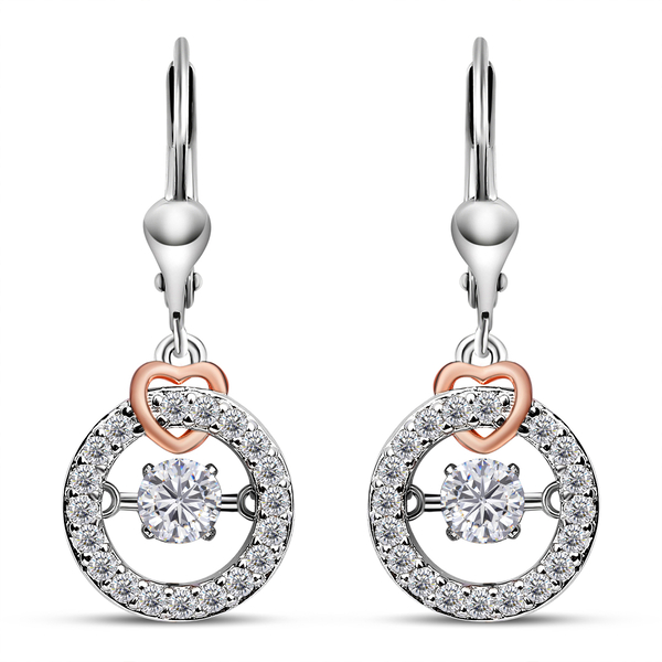 Moissanite Circle Dangling Earrings (With Lever Back) in Rose Gold and Platinum Overlay Sterling Sil