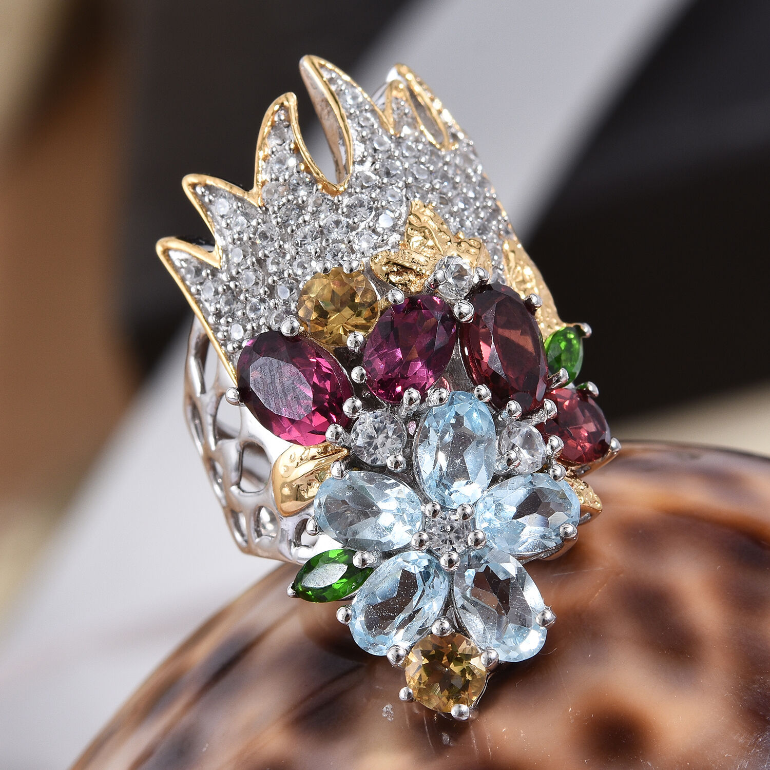 GP Rhodolite Garnet (Ovl), Sky Blue Topaz and Multi Gemstone Ring in Platinum and Yellow Gold Overlay Sterling Silver 8.000 Ct, Silver wt 7.86 Gms.