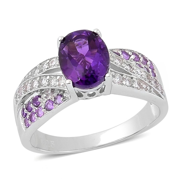 African Amethyst (Ovl 1.75 Ct), White Zircon Ring in Platinum Overlay Sterling Silver 2.350 Ct.