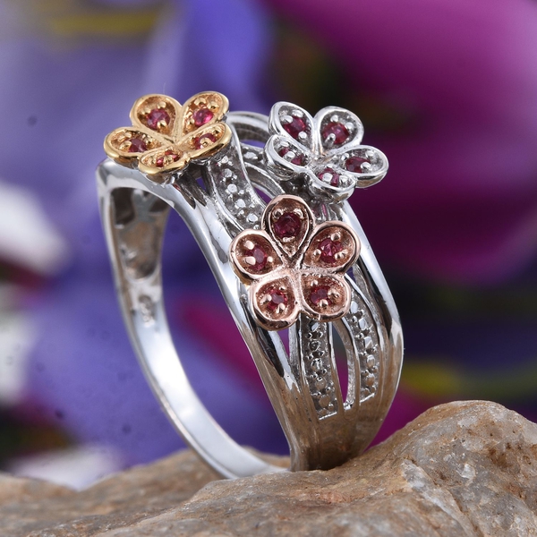Mahenge Spinel (Rnd) Triple Floral Ring in Yellow Gold, Rose Gold and Platinum Overlay Sterling Silver