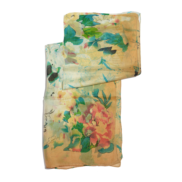 SILK MARK- Made in Kashmir 100% Silk Green, Golden and Multi Colour Floral and Butterfly Pattern White Colour Scarf (Size 180x50 Cm)