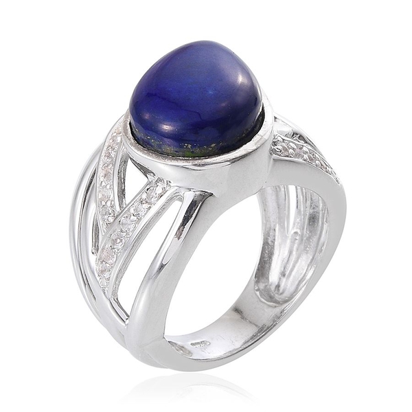 Lapis Lazuli (Pear 10.00 Ct), White Topaz Ring in Platinum Overlay Sterling Silver 10.500 Ct.