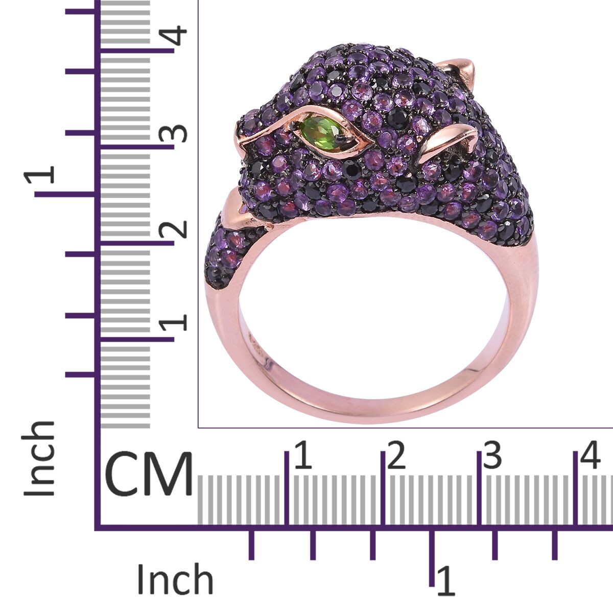 Designer Inspired- Zambian Amethyst,Boi Ploi Black Spinel and Chrome Diopside Panther Face Ring in Black and 14K Rose Gold Overlay Sterling Silver 2.850 Ct. Silver wt 6.50 Gms.