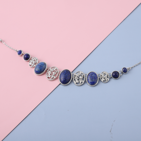 Lapis Lazuli and White Austrian Crystal Necklace (Size 22 with 2 Inch Extender) in Silver Tone