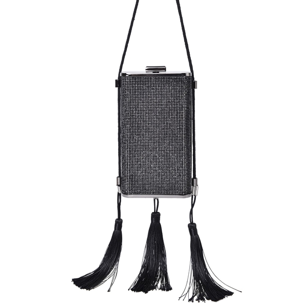 Black Austrian Crystals Embellished Velvet Clutch Bag in Black Tone with Tassels (Size 17X9.5X5 Cm)