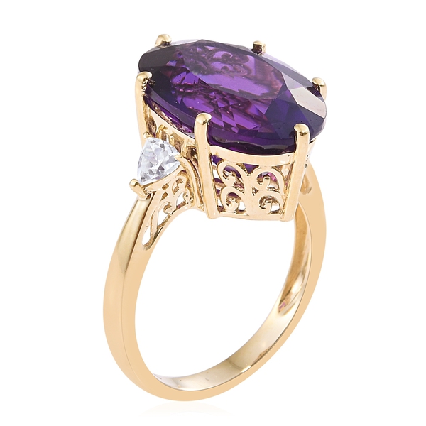 Colour Of The Year-9K Yellow Gold AAA Zambian Amethyst (Ovl), Natural Cambodian Zircon Ring 12.000 Ct.