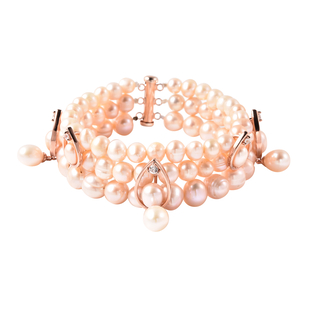 LucyQ Pearl Drop Collection - Pink Freshwater Pearl, Natural Cambodian Zircon Three Layer Bracelet (