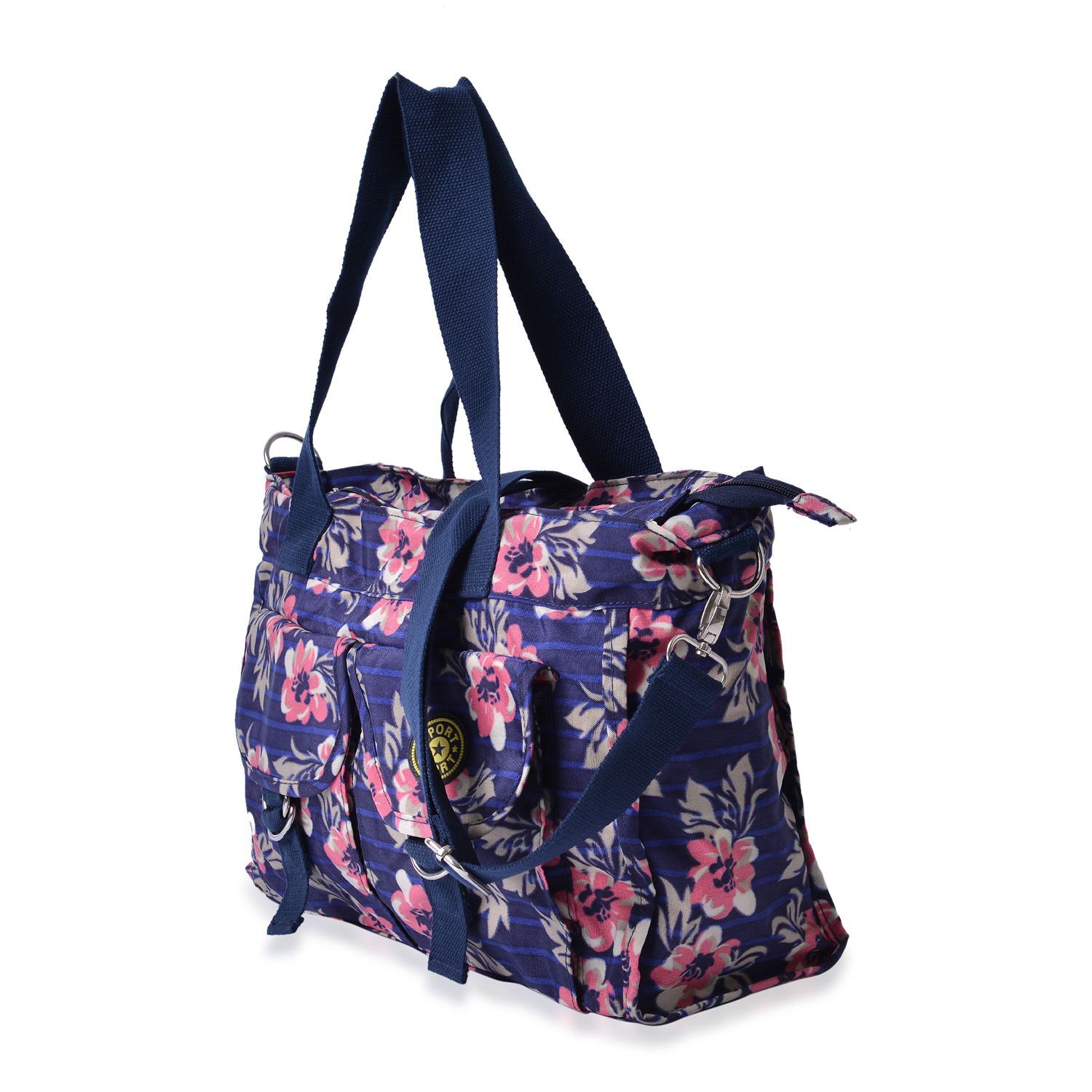 Pink and Multi Colour Floral Pattern Navy Blue Colour Tote Bag With External Zipper Pocket and Adjustable and Removable Shoulder Strap (Size 37x25x12 Cm)