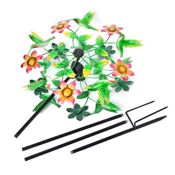 Hand Painted Humming Bird & Floral Pattern Wind Spinner with Solar LED Light (Size:1.8 meter )