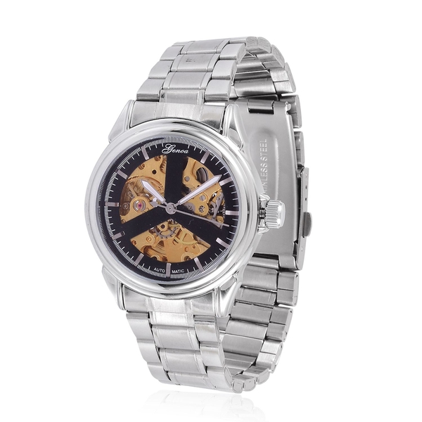 GENOA Automatic Skeleton Black and Golden Colour Dial Water Resistant Watch in Silver Tone with Stai