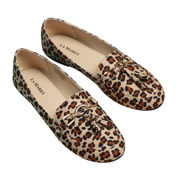 LA MAREY Leopard Patttern Velvet Flat Shoes with Tassel - Brown