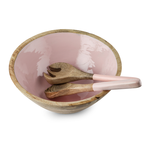 Set of 7 Pcs. - Food Serving Set in Mango Wood with Pink Enamel Interior - 1 Large Bowl, 4 Small Bowls, Spoon and Fork