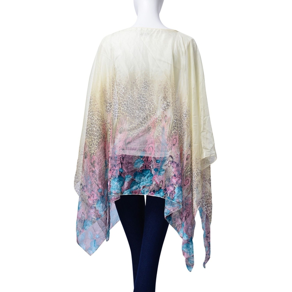 Pink and Multi Colour Leopard, Floral and Feather Pattern Yellow Colour Poncho (Size 135x70 Cm)