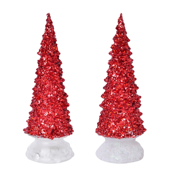 Set of 2 - Sparkle Red Christmas Tree with Colour Changing LED Lights (Size 26 Cm)