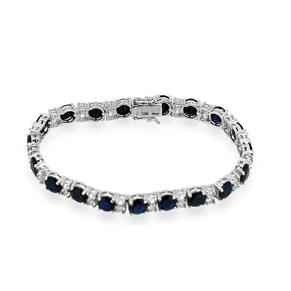 Diffused Blue Sapphire (Rnd), White Topaz Bracelet in Rhodium Plated Sterling Silver (Size 7) 35.000