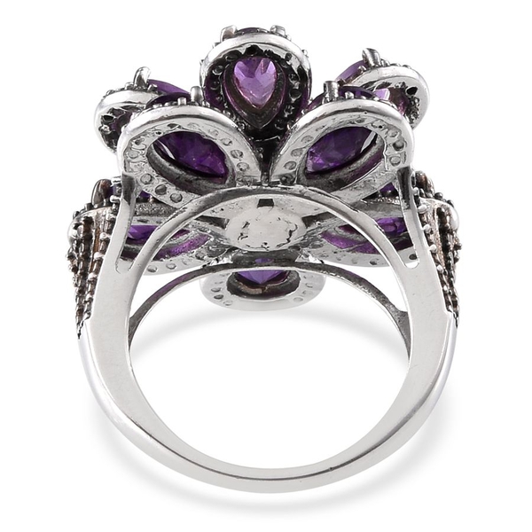 Amethyst (Rnd), Black Diamond Floral Ring in Platinum Overlay Sterling Silver 6.100 Ct.