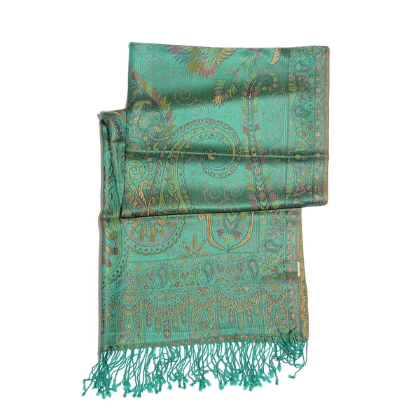 SILK MARK - 100% Superfine Silk Golden and Multi Colour Paisley and Leaves Pattern Green Colour Jacquard Jamawar Shawl with Fringes (Size 180x70 Cm) (Weight 125-140 Grams)