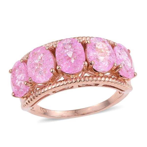 Hot Pink Crackled Quartz (Ovl) 5 Stone Ring in Rose Gold Overlay Sterling Silver 5.500 Ct.