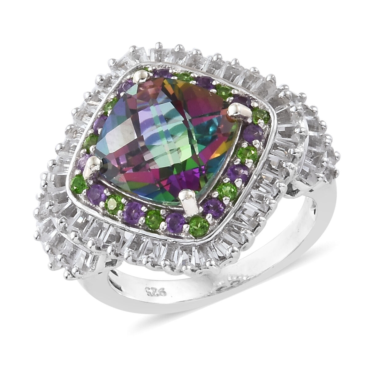 Mystic Green Topaz and Multi Gemstone Halo Ring in Platinum Plated Silver 5.70 Grams, 6.25 Ct
