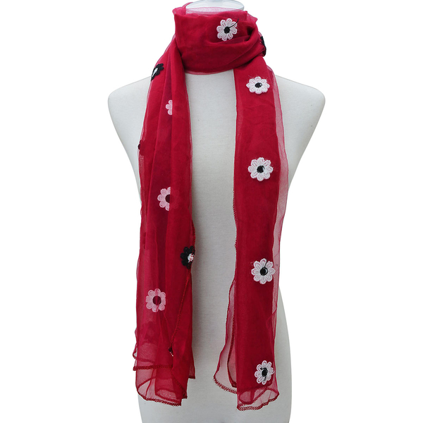 Set of 2 - Black and White Flower Pattern Red and Pink Colour Scarf (Size 165x75 Cm)