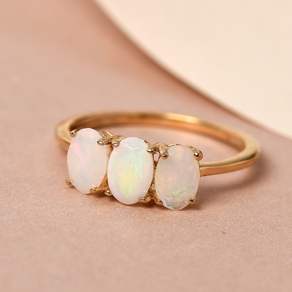 Ethiopian Welo Opal Trilogy Ring in 14K Gold Overlay Sterling Silver.