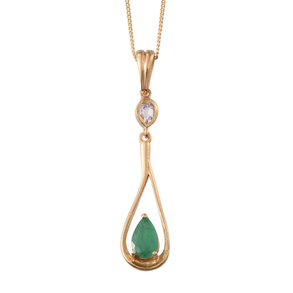 Kagem Zambian Emerald (Pear 0.90 Ct), White Topaz Pendant With Chain in 14K Gold Overlay Sterling Si