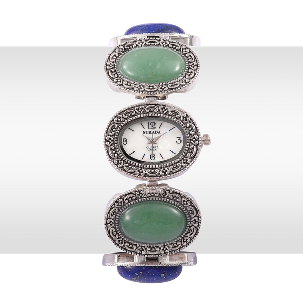 STRADA Japanese Movement White Dial Water Resistant Watch in Silver Tone With Stainless Back and Lapis Lazuli, Green Aventurine, Blue Howlite Strap 90.000 Ct.