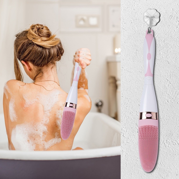 Electric Vibration Long Handle Silicone Bath Brush - Pink