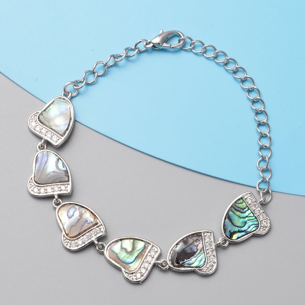 Abalone Shell and White Austrian Crystal Bracelet (Size - 6.75 With 2.5 Inch Extender) in Silver Tone