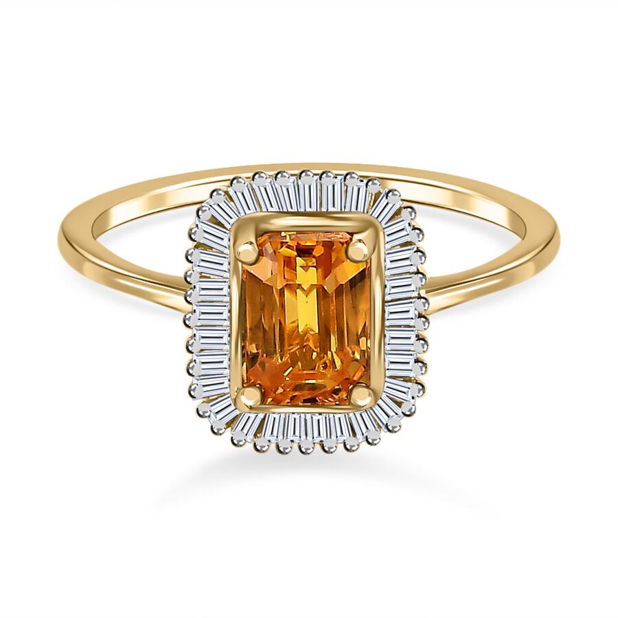 9K Yellow Gold Yellow Sapphire, White Diamond Halo Ring 1.43 Ct.