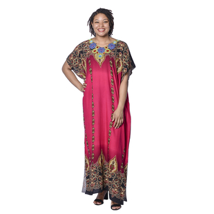 Jovie Pink Bohemian Style Printed Long Dress with Embroidered Neckline 