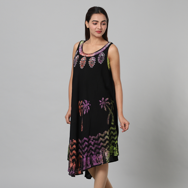 100% Viscose Tree Pattern Tie Dye Palm Women Dress (One Size 8-20) - Black