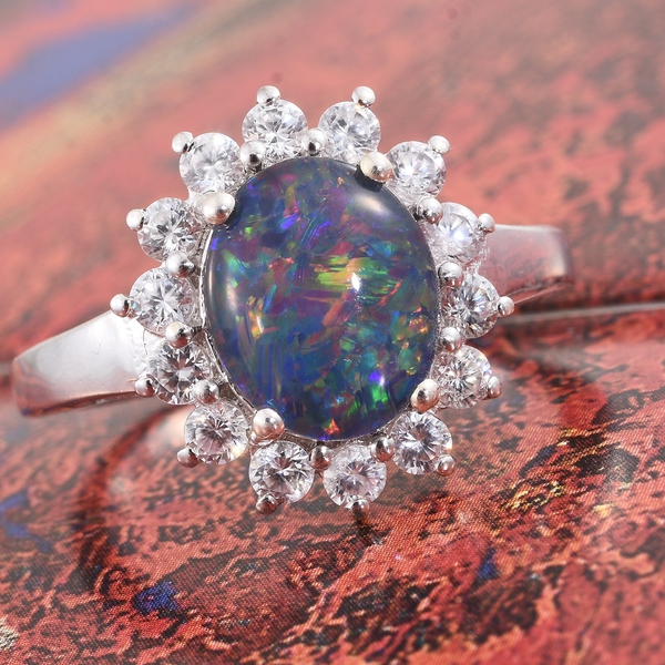 Australian Boulder Opal (Ovl 2.15 Ct), Natural Cambodian Zircon Floral Ring in Platinum Overlay Sterling Silver 3.250 Ct.
