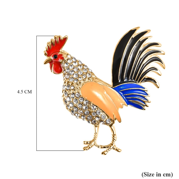 White and Black Austrian Crystal Enamelled Rooster Brooch in Gold Tone