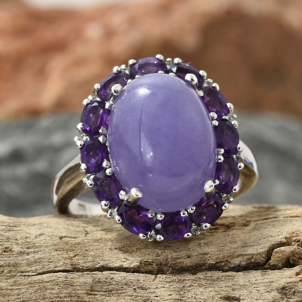 Purple Jade (Ovl 11.00 Ct), Amethyst and Natural Cambodian Zircon Ring in Platinum Overlay Sterling Silver 13.000 Ct. Silver wt 4.61 Gms.