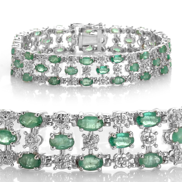 AAA Limited Available Kagem Zambian Emerald (Ovl), Diamond Bracelet in Platinum Overlay Sterling Sil