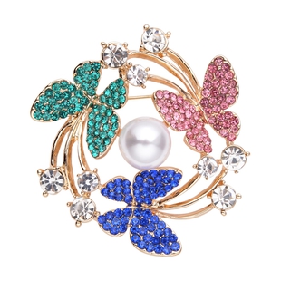 Multi Colour Austrian Crystal and Simulated Pearl Butterfly Brooch in Yellow Gold Tone