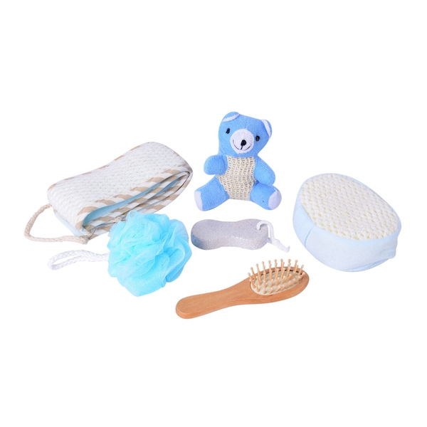 Bath Accessories - Blue and Multi Colour Scrubber Sponge, Back Scrubber, Bath Toy, Hair Brush, Mesh Sponge and Pumice Stone in Bamboo Bucket