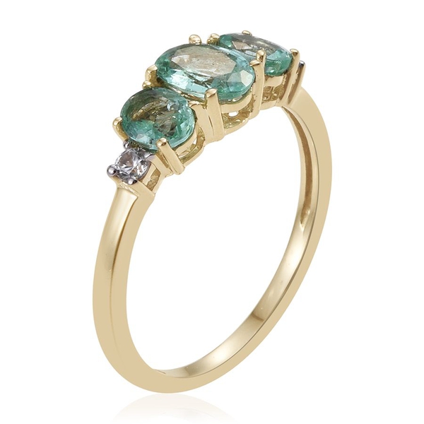 9K Yellow Gold 1.50 Carat Boyaca Colombian Emerald Oval Trilogy Ring with Natural Cambodian Zircon.