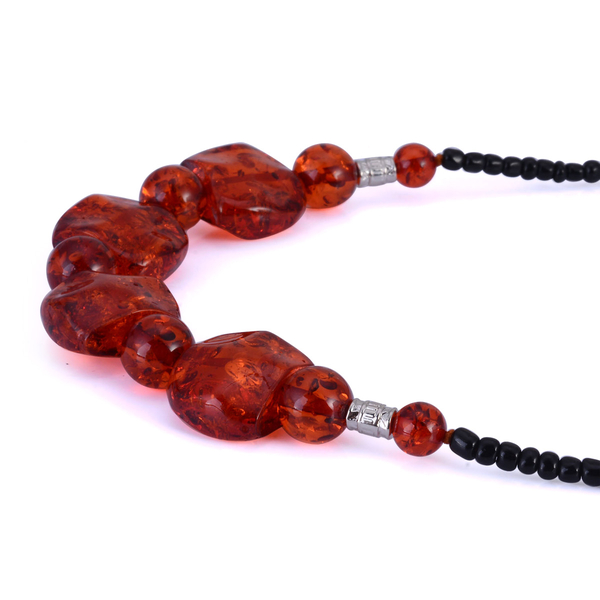 Simulated Amber, Black Glass Necklace (Size 23) and Hook Earrings in Stainless Steel