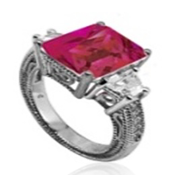 ELANZA AAA Simulated Pink Sapphire (Oct), Simulated Diamond Ring in Rhodium Plated Sterling Silver