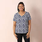 JOVIE Jersey V Neck Floral Pattern Short Sleeved Top (Size:XL,67X57Cm) - Navy and White