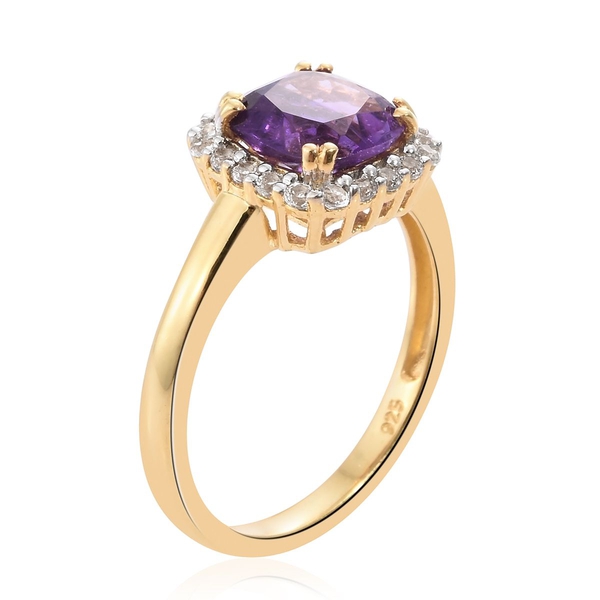 Amethyst (Cush 2.20 Ct), White Topaz Ring in 14K Gold Overlay Sterling Silver 2.500 Ct.