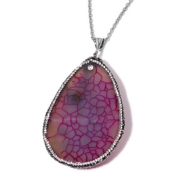 Dyed Fuchsia Agate, Black and White Austrian Crystal Pendant With Chain (Size 36) in Silver Tone With Stainless Steel 150.000 Ct.