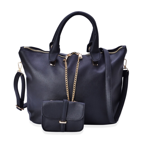 Set of 2 - Black Colour Handbag With Adjustable and Removable Shoulder Strap (Size 25.5x13.5 Cm and 