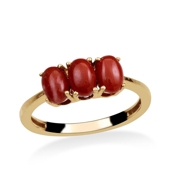 Natural Mediterranean Coral (Ovl) Trilogy Ring in 14K Gold Overlay Sterling Silver 1.650 Ct.