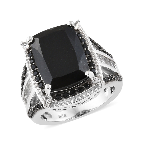7.75 Ct Black Tourmaline and Multi Gemstone Classic Ring in Platinum Plated Silver 6.38 Grams