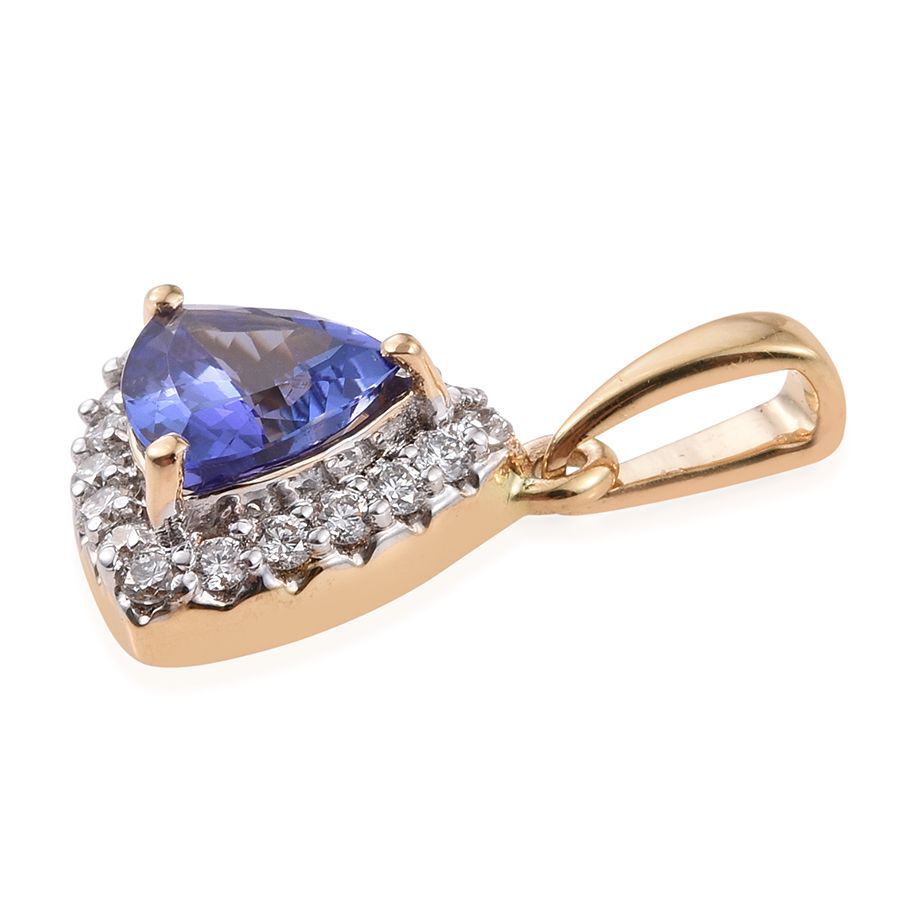 ILIANA 18K Yellow Gold 1.25 Carat AAA Tanzanite Trillion Halo Pendant, Diamond SI G-H.